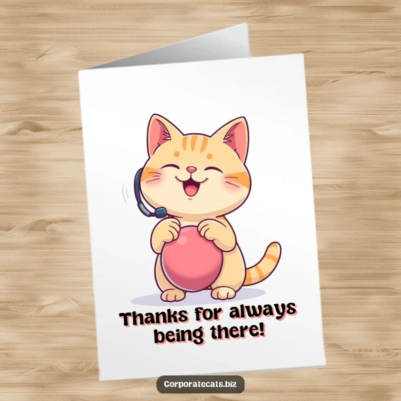 Funny free printable thank you card of a cat with a headset joyfully bouncing a stress ball, expressing thanks with calm energy.