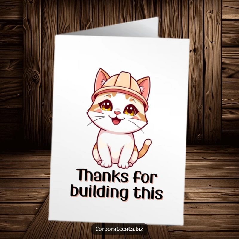 Funny Free Printable Thank You Card: A happy cat in a hard hat looks up attentively, offering thanks with focus.
