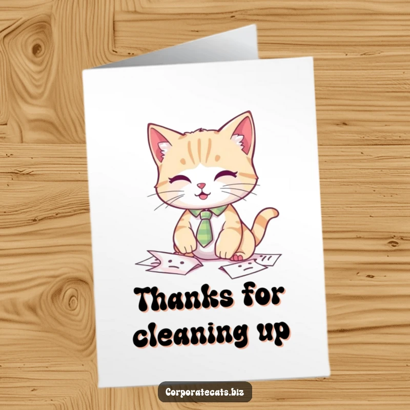Funny Free Printable Thank You Card: A cat wearing a tiny tie looks flustered while fumbling papers, humorously expressing thanks for assistance.