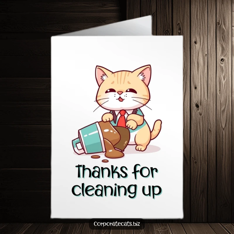 Funny Free Printable Thank You Card: Cat executive spills coffee, shows gratitude humorously, perfect DIY gift.