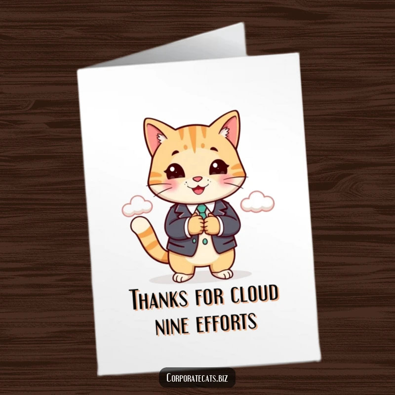 Funny free printable thank you card: cat in business suit shaking hands with a cloud, expressing thanks.