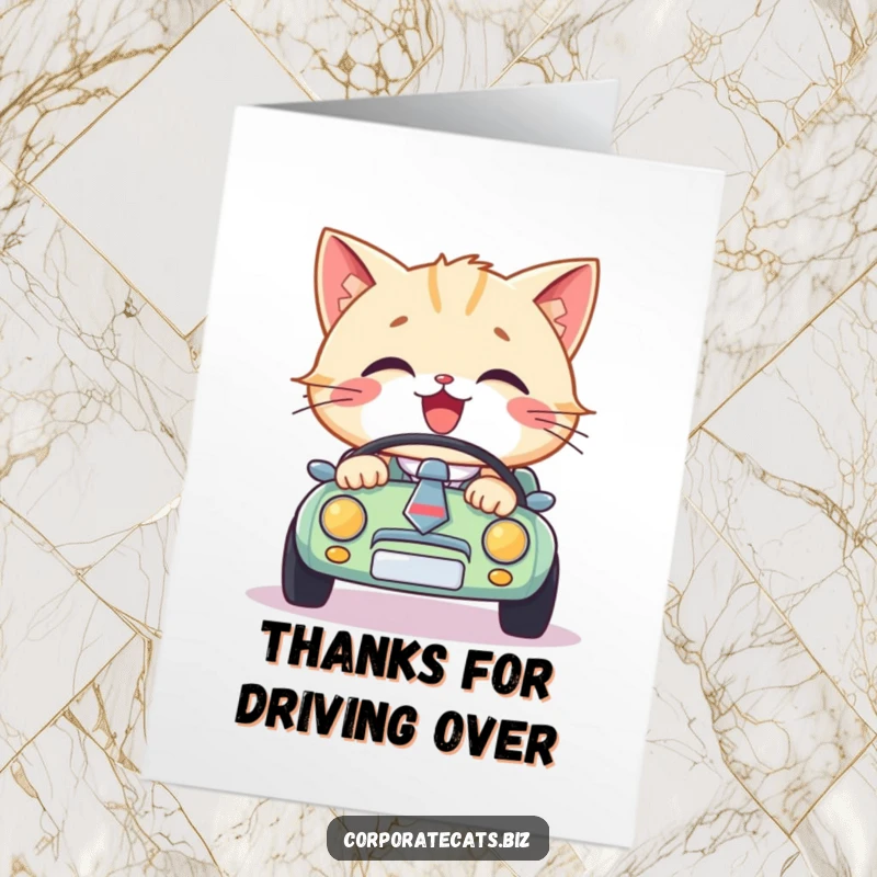 Funny Free Printable Thank You Card: A happy cat wearing a tie drives a tiny car, conveying thanks for a great journey.