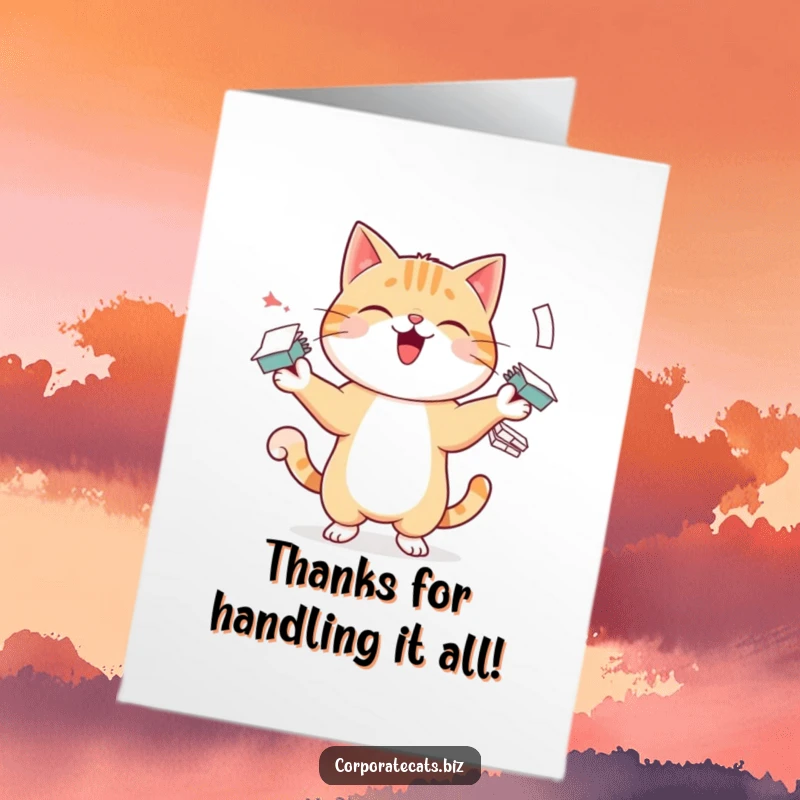 Funny Free Printable Thank You Card: Cheerful cat juggling documents, humorously expressing deep gratitude.