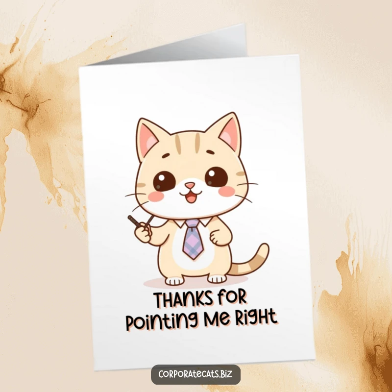 Funny Free Printable Thank You Card: A cute cat wearing a tie gives a presentation with a pointer, clearly showing gratitude