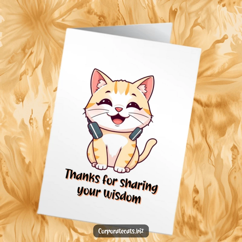 Funny Free Printable Thank You Card: A happy cat wearing a small headset, ready to deliver thanks.