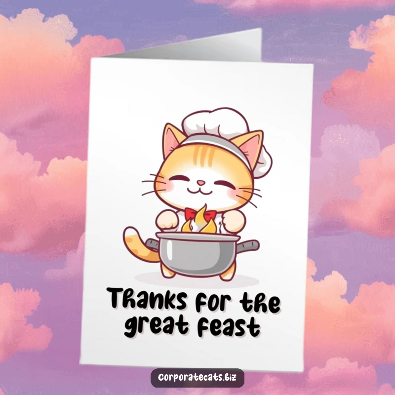 Funny Free Printable Thank You Card: Cat chef drops a pot, perfect for a humorous expression of thanks.
