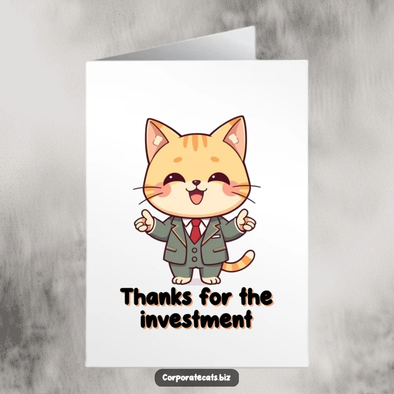 Funny Free Printable Thank You Card: A cat in a business suit presents with a smile.