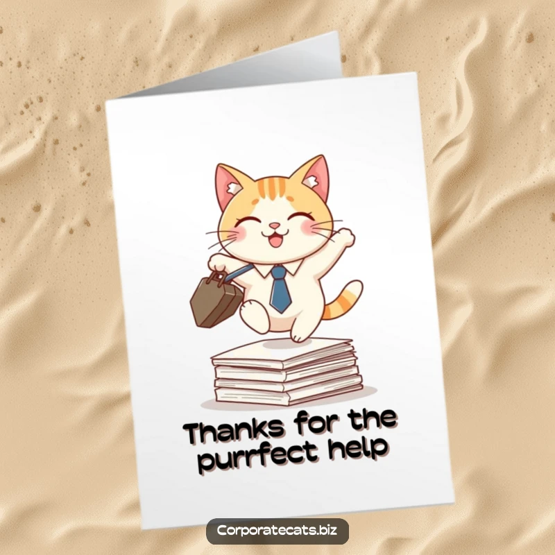 Funny Free Printable Thank You Card: A smiling cat in a small tie and briefcase leaps gracefully over a large stack of documents.