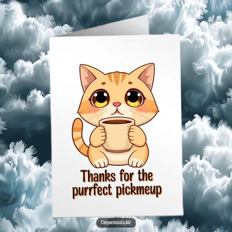 Funny Free Printable Thank You Card: A surprised cat with wide eyes holding a coffee cup, perfect for a witty thanks.