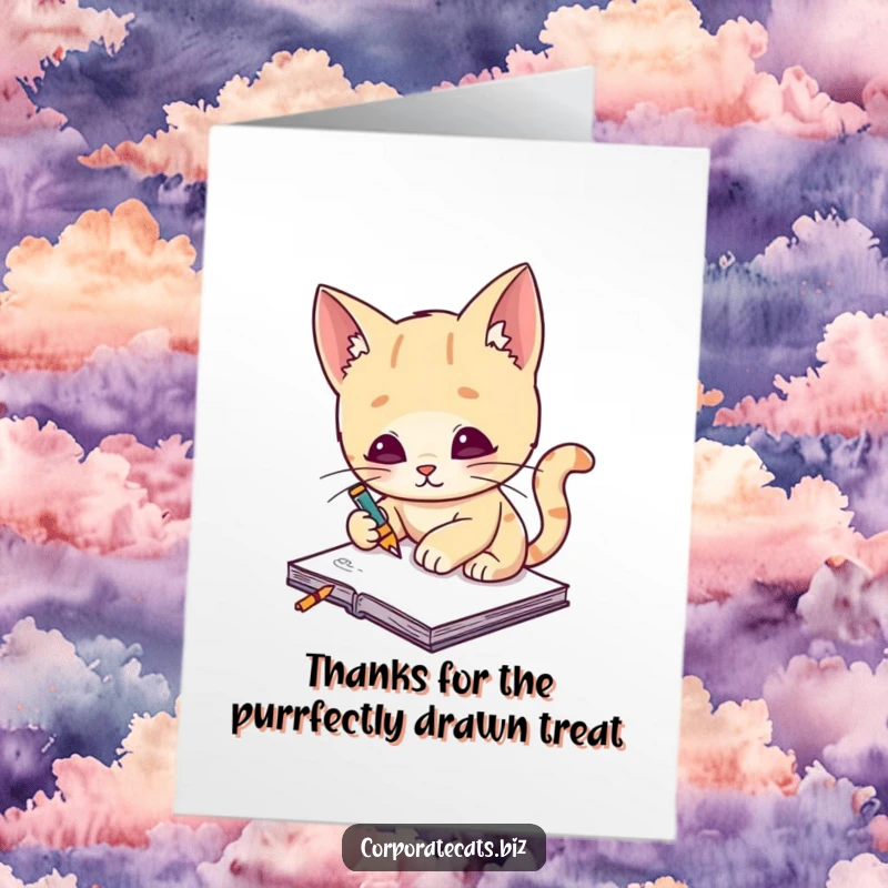 Funny Free Printable Thank You Card: A charming cat artist pauses sketching to give a grateful nod, notepad in paw.