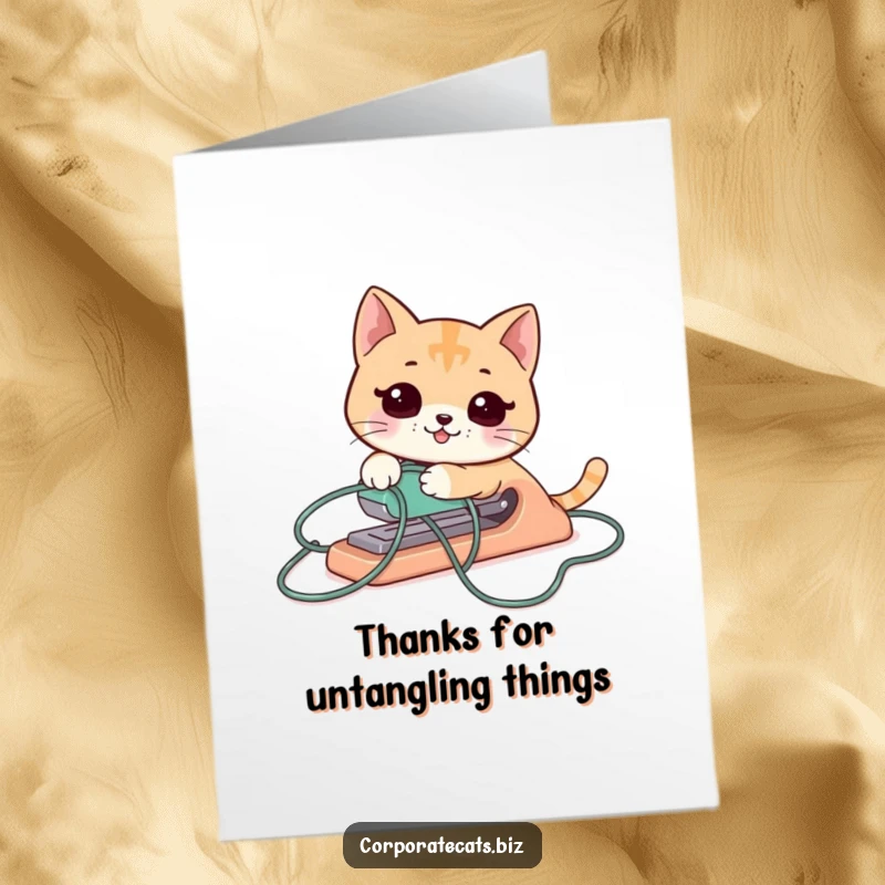 Funny Free Printable Thank You Card: A cat stapler tangled in its cord, ironically looking helpful, conveying thanks.