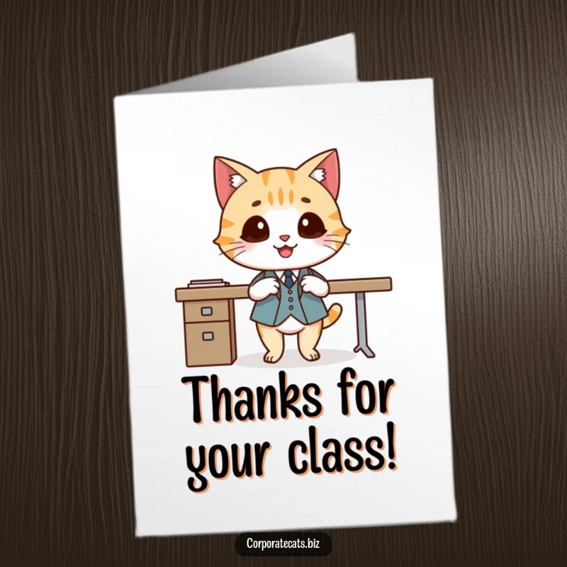 Funny Free Printable Thank You Card: Smiling cat in a tiny suit elegantly crosses legs, politely expressing thanks.