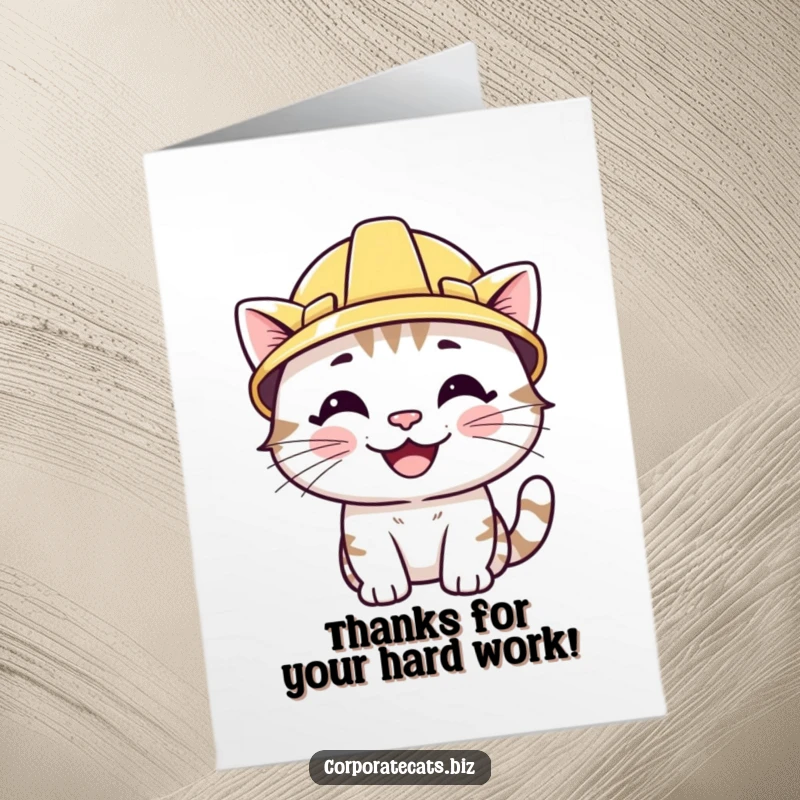 Funny free printable thank you card featuring a smiling cat character wearing a tiny hard hat, symbolizing hard work and safety.