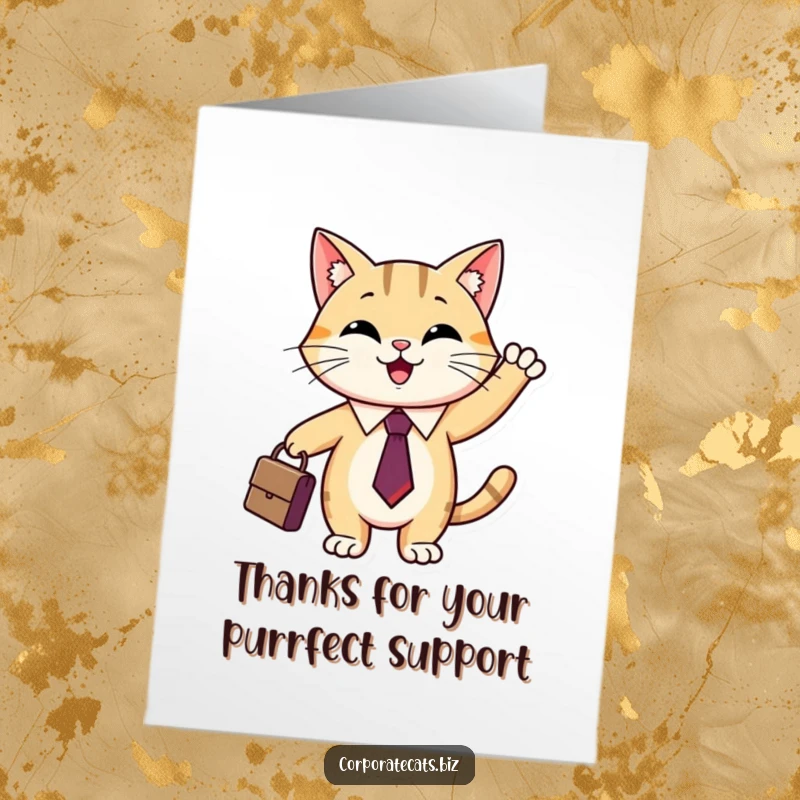Funny Free Printable Thank You Card: Smiling cat in tie holding briefcase, expressing gratitude with humor.