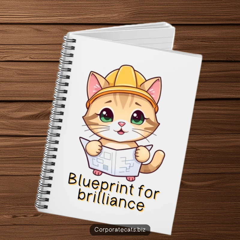 Funny Engineer Cat Notebook: a playful cat character wearing a hard hat, inspecting a blueprint, great for notes.