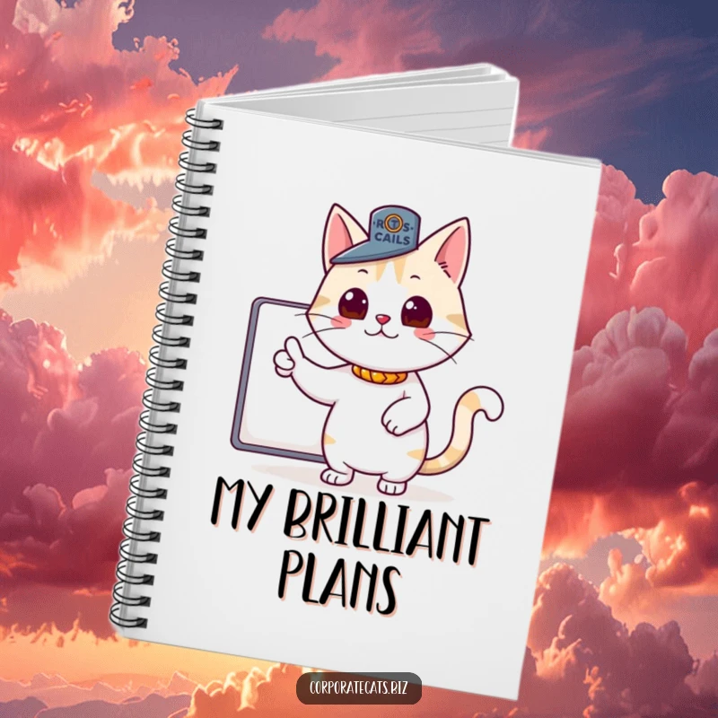 Funny notebook cover with a proud cat wearing a small boss hat, pointing authoritatively, great for jotting down plans and ideas.