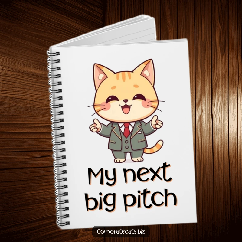 Funny cat notebook with a cat in a business suit, holding a pointer and presenting ideas.