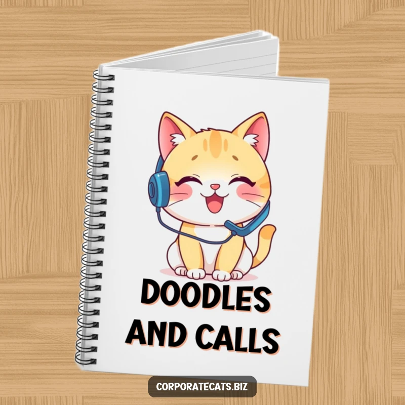 Funny notebook cover with a delighted cat wearing a headset on a pretend phone call, ideal for capturing notes and ideas humorously.