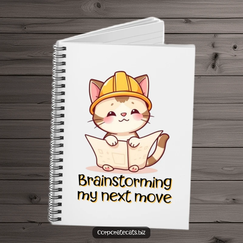 Funny cat architect in a hard hat, examining blueprints, this notebook is perfect for jotting down funny ideas and sketches, great gift.