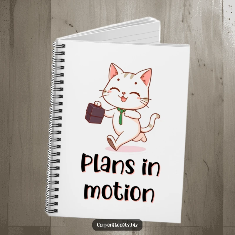 Playful cat holding a briefcase, running with a smile, featured on a notebook cover for business notes.