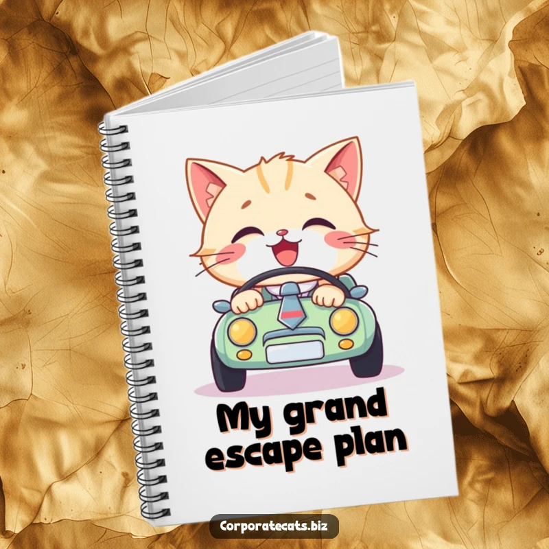 Funny cat wearing a necktie, driving a small car, this notebook is perfect for jotting down funny thoughts and plans, great gift.