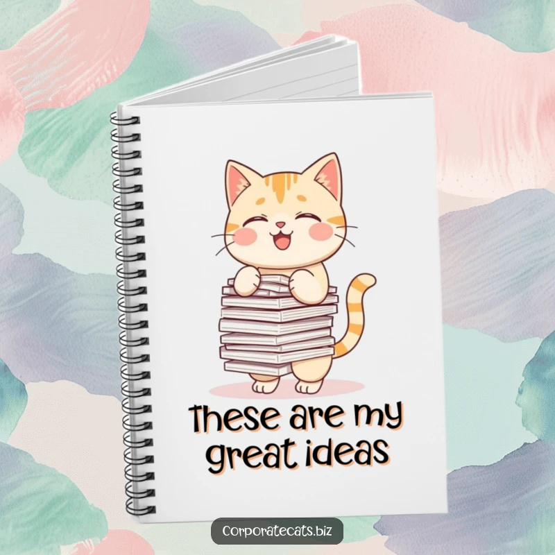 Funny notebook with a cover illustration of a cat struggling to hold a large stack of documents.