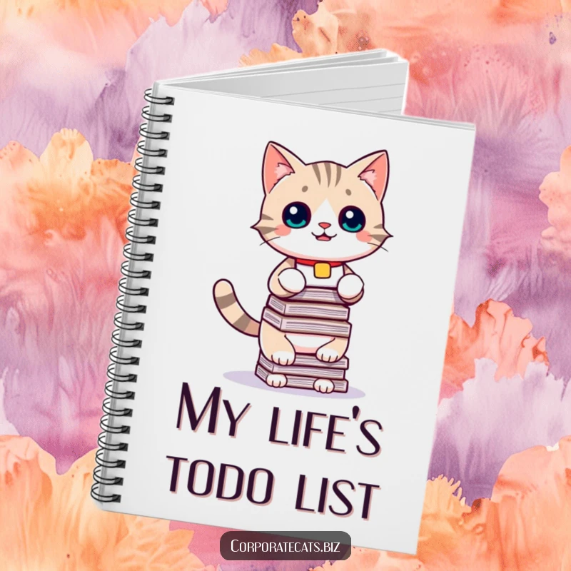 Funny cat notebook cover, a playful cat with a name tag balancing a stack of documents, ideal for organizing thoughts with humor.