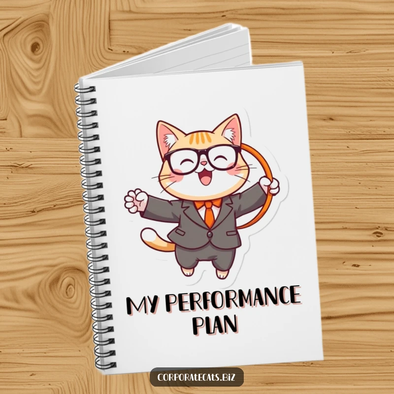 Funny notebook cover featuring a cheerful cat in a suit and glasses, jumping through a hoop, for jotting down daring ideas.