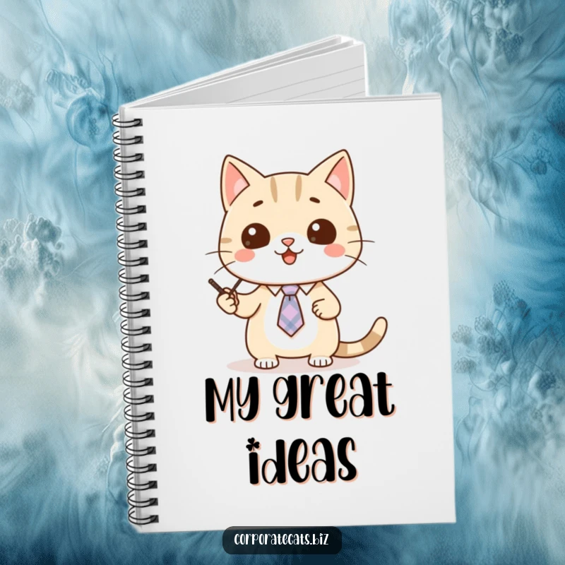 Funny cat notebook featuring a cute cat character wearing a tiny tie, giving a presentation.