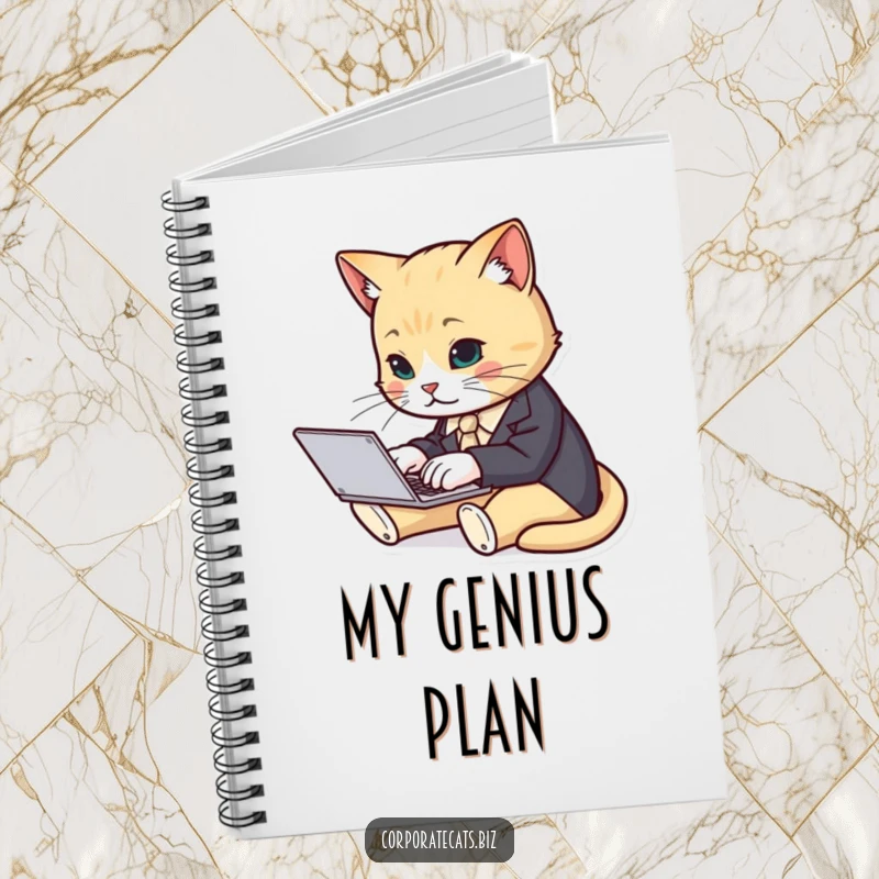 Funny cat in a suit typing on a laptop inside a notebook, ideal for jotting down business ideas.