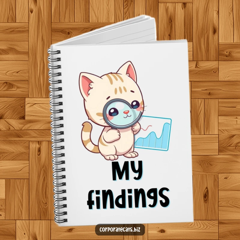 Funny cat using a magnifying glass to study a graph, depicted in a notebook design for capturing clues and ideas.