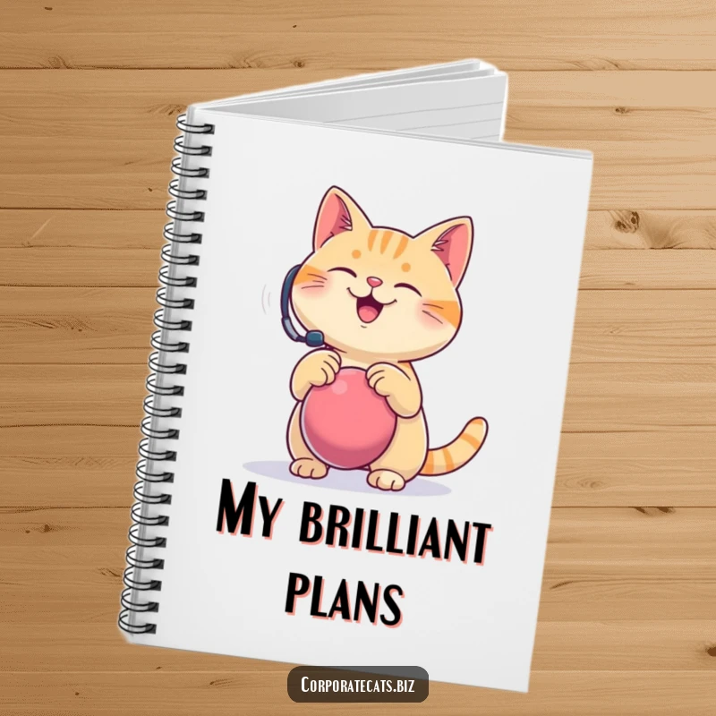 Funny notebook cover, a happy cat wearing a headset comically bounces a stress ball, perfect for jotting down calm thoughts.