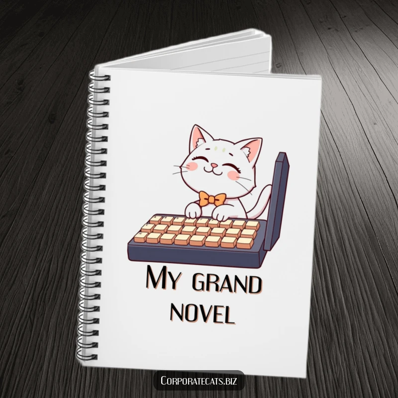 Funny notebook cover, a giggling cat character wearing a bowtie attempts to type on a large keyboard, ideal for tech notes.