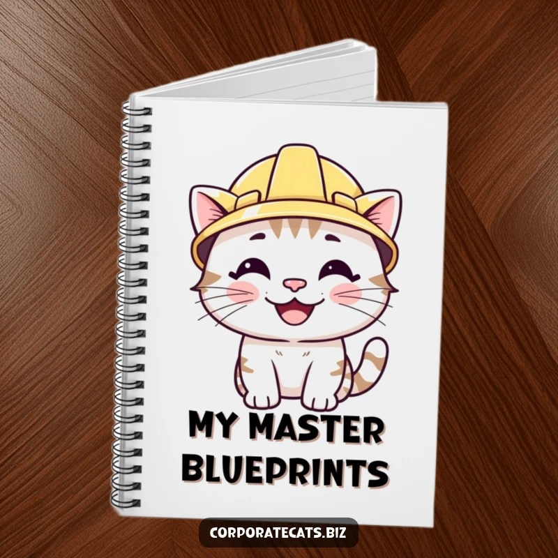 Funny notebook featuring a smiling cat character wearing a tiny hard hat. Perfect for notes, project plans, and creative ideas.