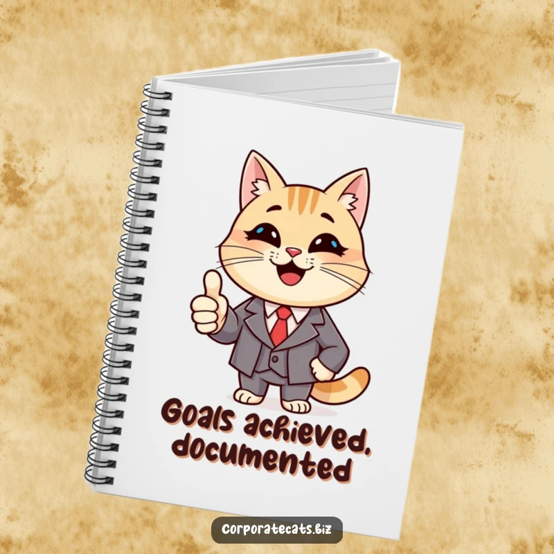 Funny Achiever Cat Notebook: a smiling cat character wearing a suit, giving a thumbs up, great for notes.