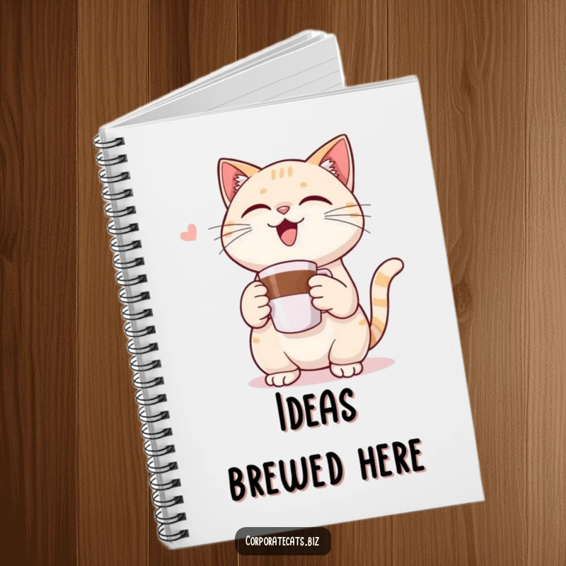 Funny notebook cover with a triumphant cat character holding a miniature coffee cup, perfect for jotting down humorous thoughts.