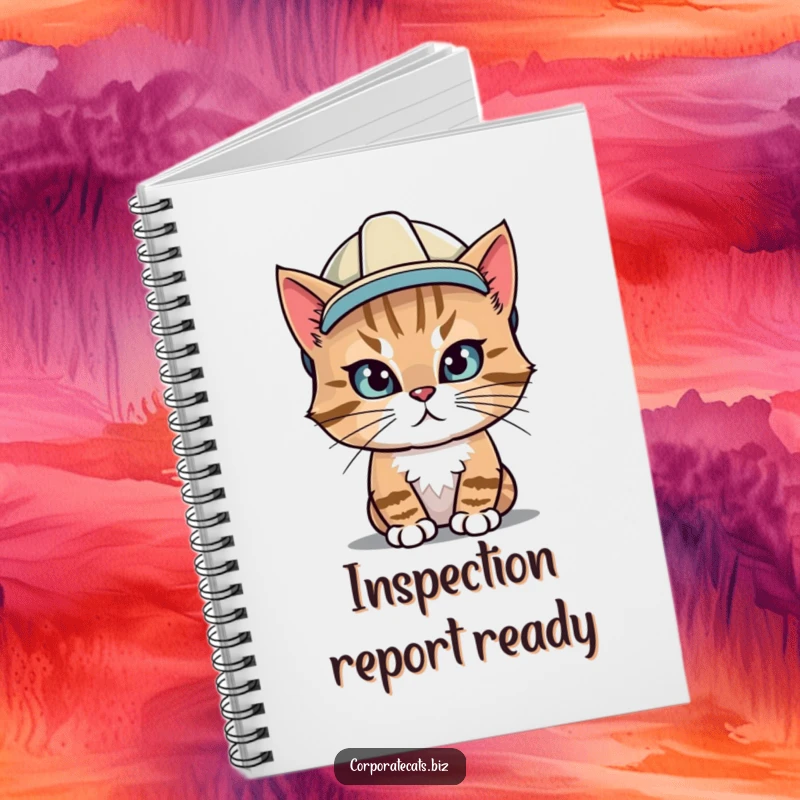 Funny notebook with a determined cat wearing a hard hat, ready to help capture all your project ideas and notes.
