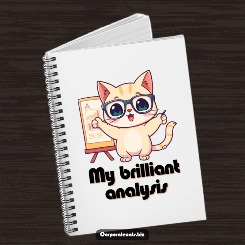 Funny cat with glasses pointing at a chart inside a notebook, ideal for jotting down analytical notes.