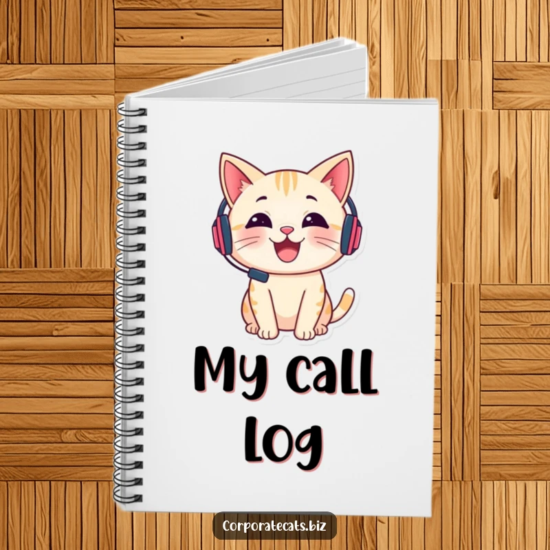 Funny notebook with a cheerful cat wearing a tiny headset and talking, ideal for capturing creative ideas.