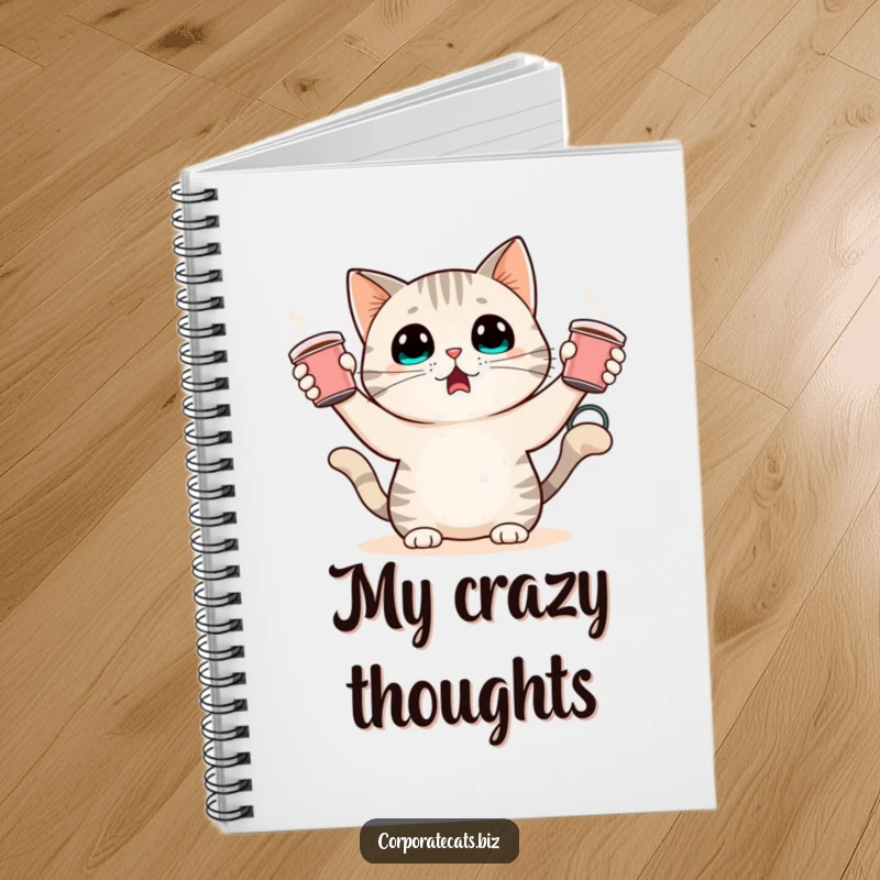 Funny notebook featuring a startled cat character juggling small coffee cups. Perfect for notes, doodles, and creative chaos.
