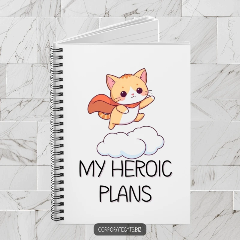 Funny cat in a cape leaping between clouds, perfect for jotting down heroic plans. A wonderful funny gift.