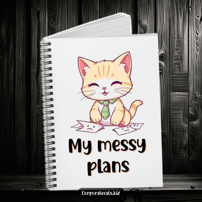 Funny cat notebook, a cat in a tiny tie looking stressed while fumbling papers.