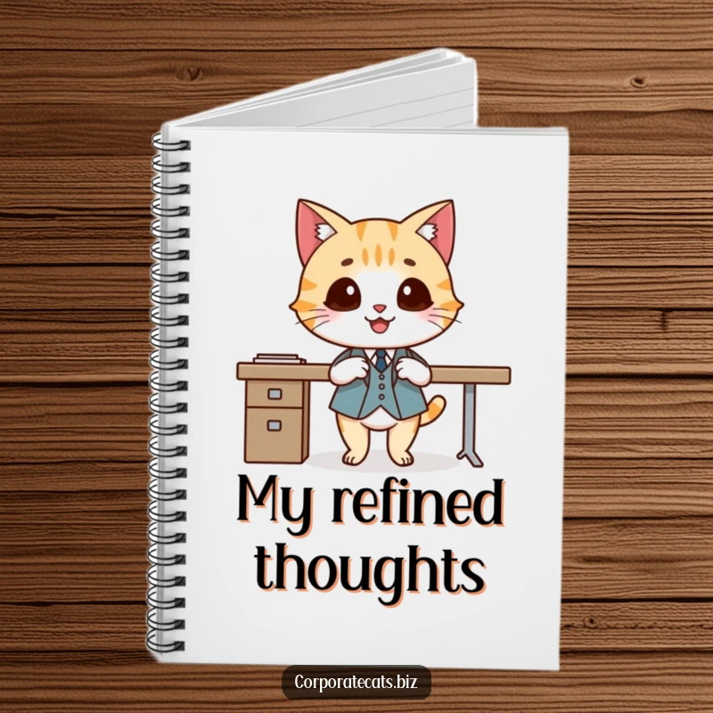 Funny notebook cover with a smiling cat wearing a small suit, crossing legs elegantly, ideal for jotting down sophisticated ideas.