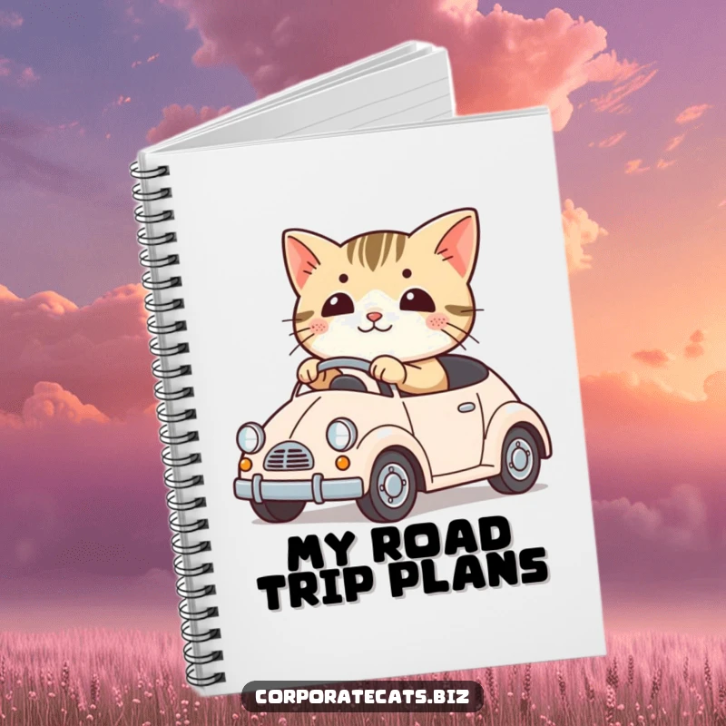 Funny notebook featuring a cute cat driving a tiny toy car. Perfect for notes, doodles, and capturing creative ideas.