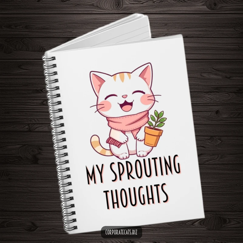 Funny joyful cat notebook, wearing a small scarf and holding a plant pot, a charming journal for plant lovers and creatives.