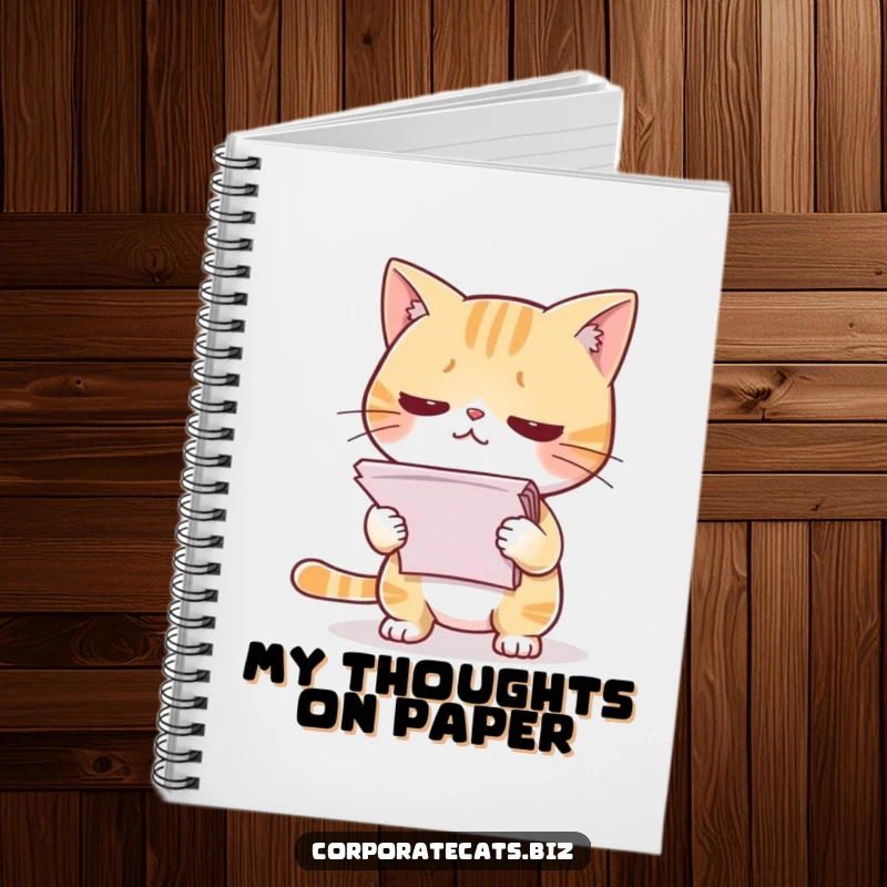 Funny notebook showcasing a nervous cat presenting a stack of documents, ideal for journaling or note-taking.