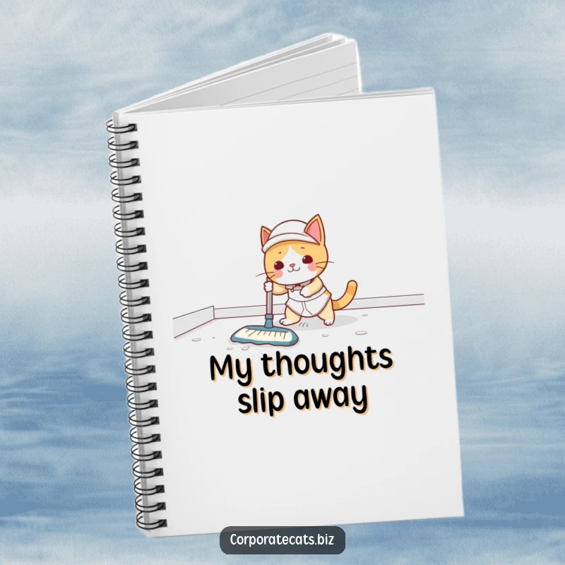 Funny Notebook: A cat janitor slips on a wet floor, scattering cleaning supplies. Inspiring cleanliness and humor.