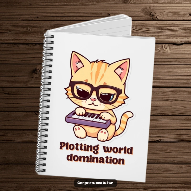 Funny cat notebook with a mischievous cat wearing glasses, playing a tiny keyboard, inspiring creative thought.