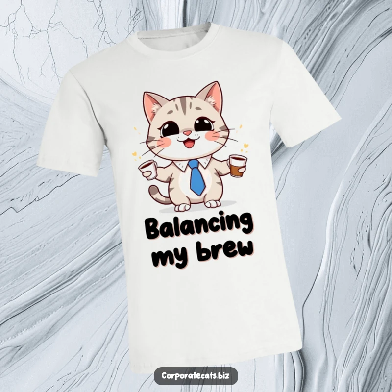Funny cat character in a tiny tie, grinning and juggling coffee cups on a t-shirt, conveying coffee humor and multitasking, a great gift.