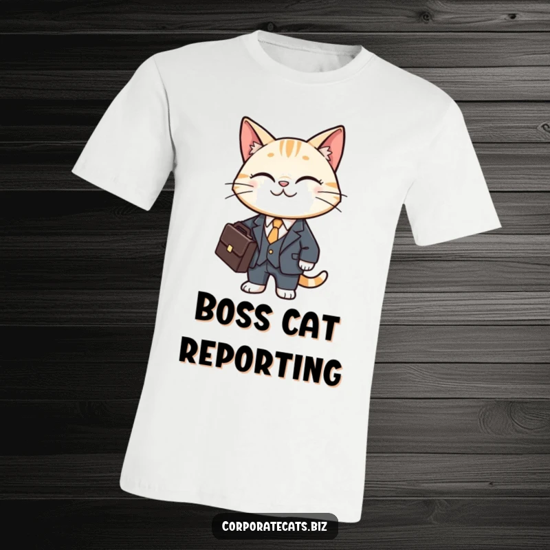 Funny cat t-shirt featuring a smiling cat character wearing a tiny business suit and holding a briefcase.
